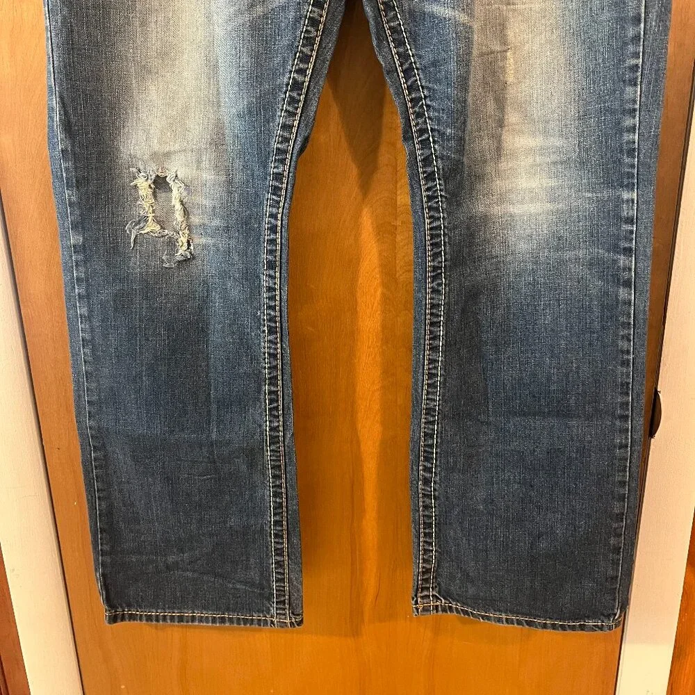 Request Men's Blue Straight Relaxed Distressed Stonewashed Denim Jeans 34 x 32